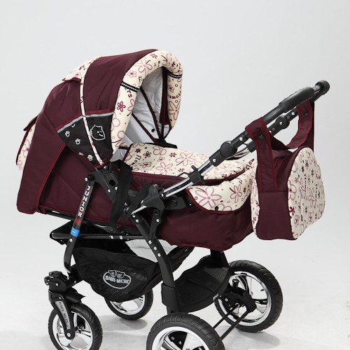 Carucior 3 in 1 Junior Plus Baby Merc Dark red flowers