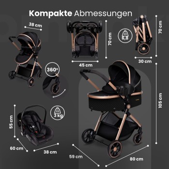 Carucior copii 3 in 1 multifunctional Soho S1 – Black Gold GagaDumi