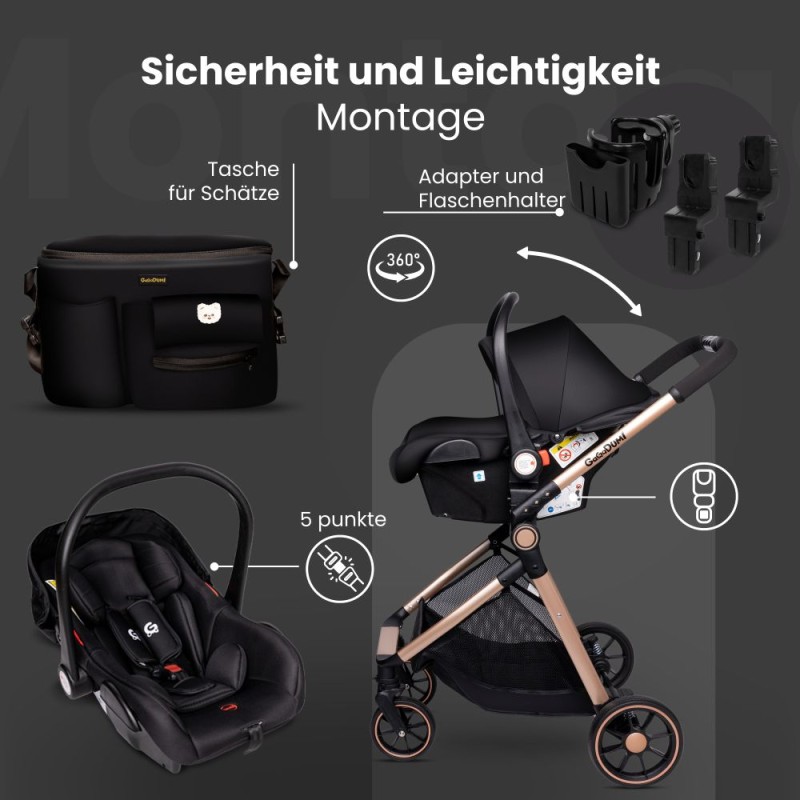 Carucior copii 3 in 1 multifunctional Soho S1 – Black Gold GagaDumi