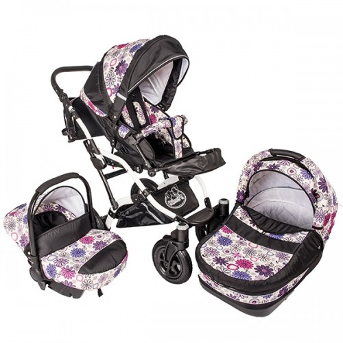 Carucior Hubners Dalia Lux 3 in 1 Alb Cu Floricele Mov