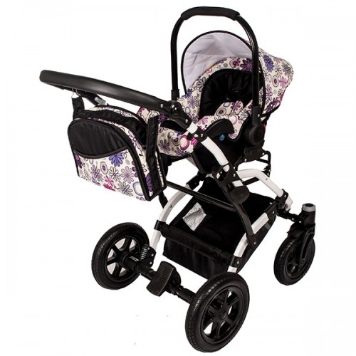 Carucior Hubners Dalia Lux 3 in 1 Alb Cu Floricele Mov