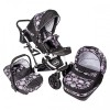 Carucior Hubners Dalia Lux 3 in 1 Negru Cu Floricele Mov