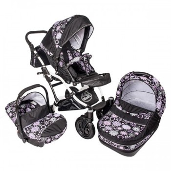 Carucior Hubners Dalia Lux 3 in 1 Negru Cu Floricele Mov