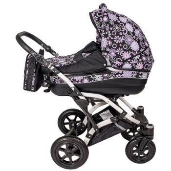 Carucior Hubners Dalia Lux 3 in 1 Negru Cu Floricele Mov
