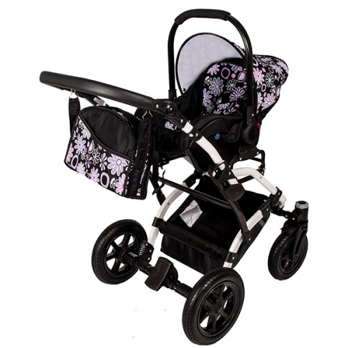 Carucior Hubners Dalia Lux 3 in 1 Negru Cu Floricele Mov