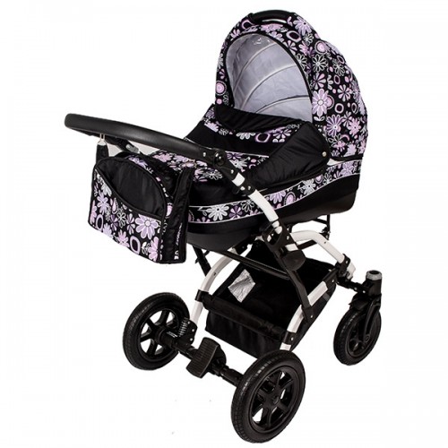 Carucior Hubners Dalia Lux 3 in 1 Negru Cu Floricele Mov