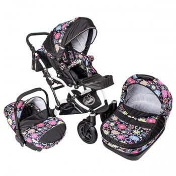 Carucior Hubners Dalia Lux 3 in 1 Negru Cu Floricele Multicolore