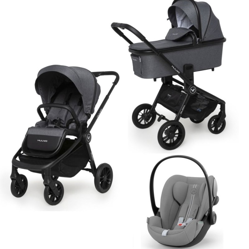 Carucior copii 3 in 1 Muuvo Quick Carbon Graphite cu Cybex Cloud G i-size Plus recline testata ADAC