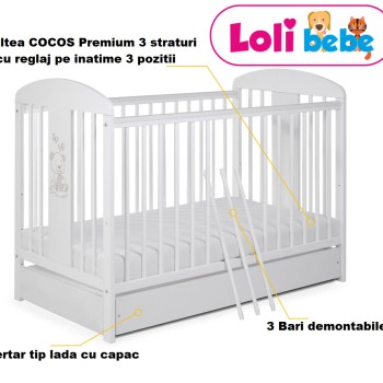 Patut din lemn alb cu sertar si saltea COCOS LoliBebe