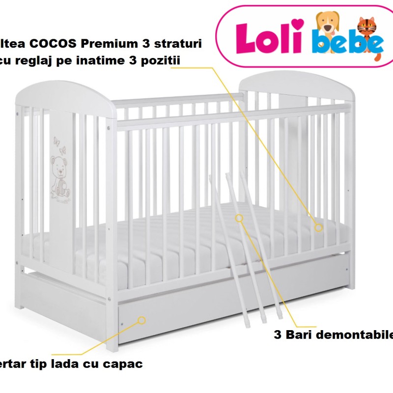Patut din lemn alb cu sertar si saltea COCOS LoliBebe