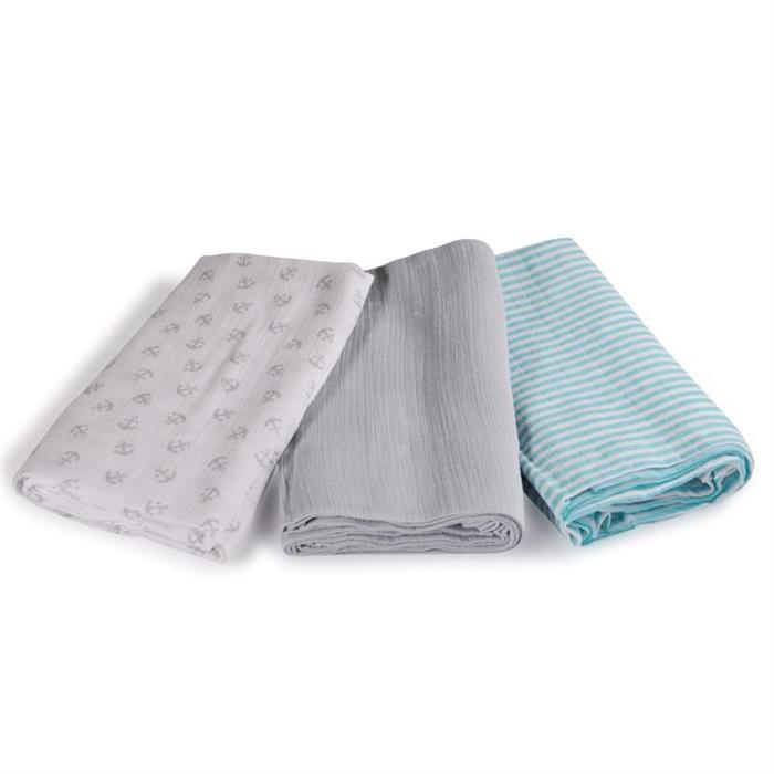 SUMMER INFANT-87386 SET DE 3 PATURICI DE MUSELINA GRI/ALBASTRU